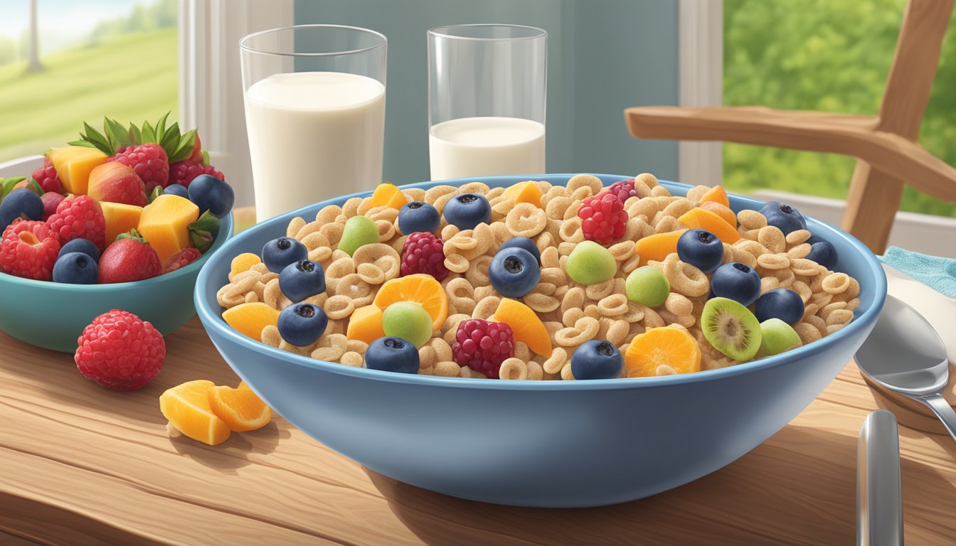 A bowl of Cascadian Farm Organic Purely O's cereal surrounded by fresh fruits and a glass of milk on a wooden table