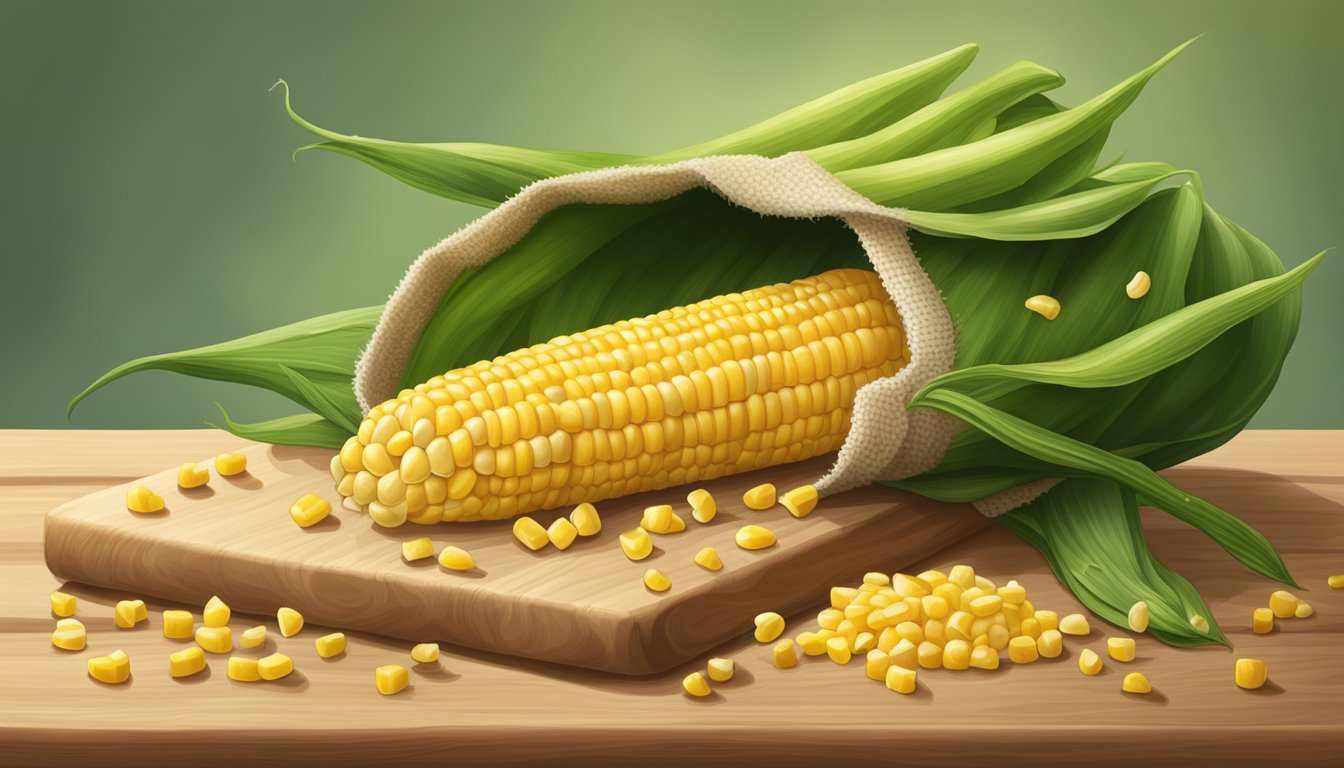 A bag of Cascadian Farm organic frozen sweet corn spills out onto a wooden cutting board, surrounded by vibrant green stalks and golden kernels