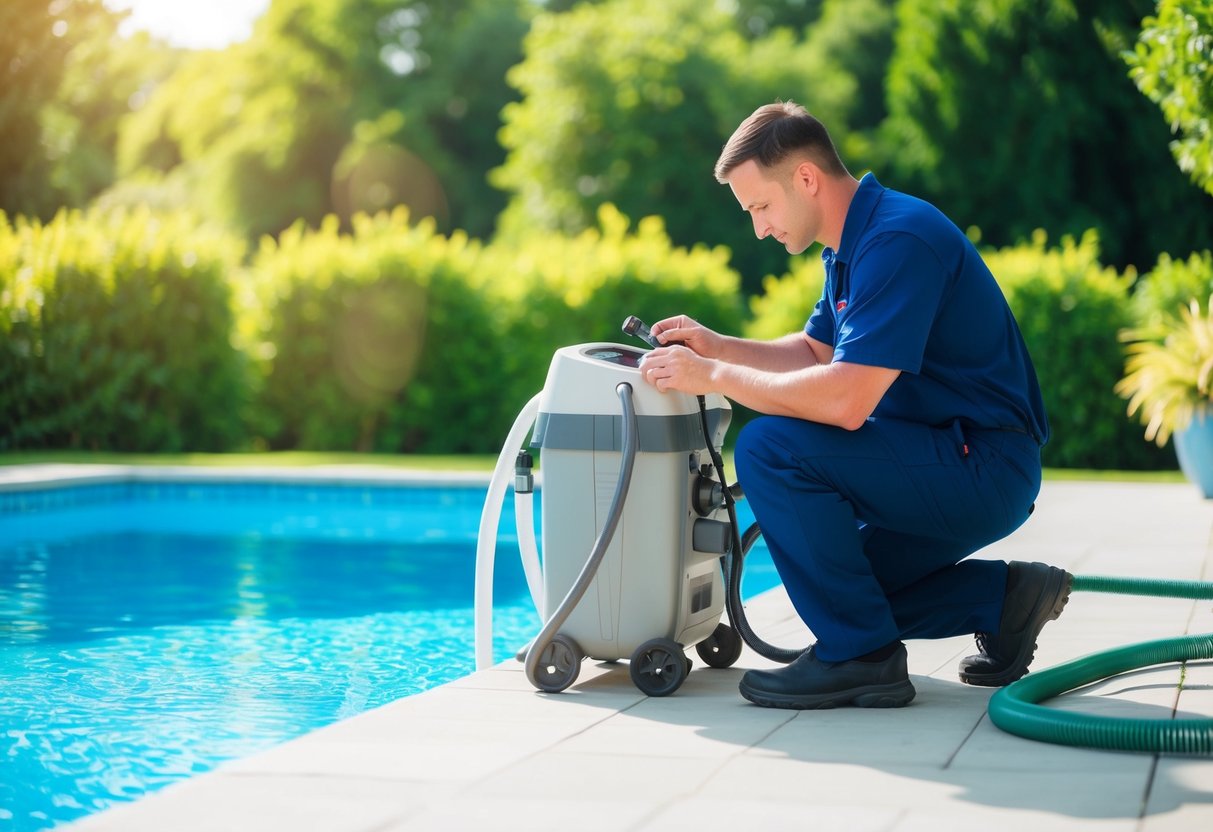 A pool technician checking and adjusting equipment by a clean, sparkling pool surrounded by lush greenery on a sunny day