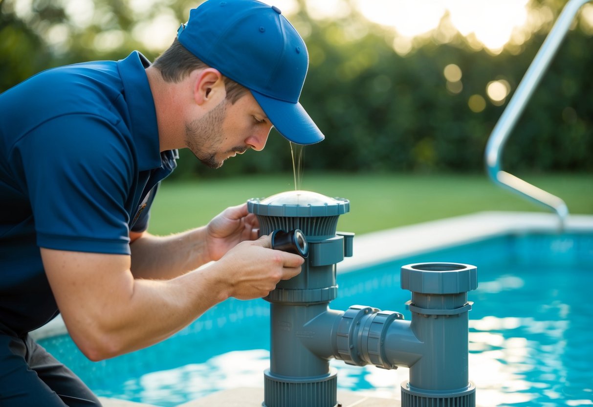 A technician inspecting and cleaning pool filtration systems and equipment