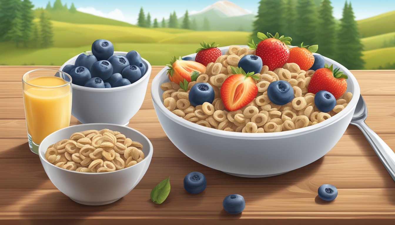 A bowl of Cascadian Farm Organic Purely O's cereal surrounded by fresh fruits and a glass of milk on a wooden table