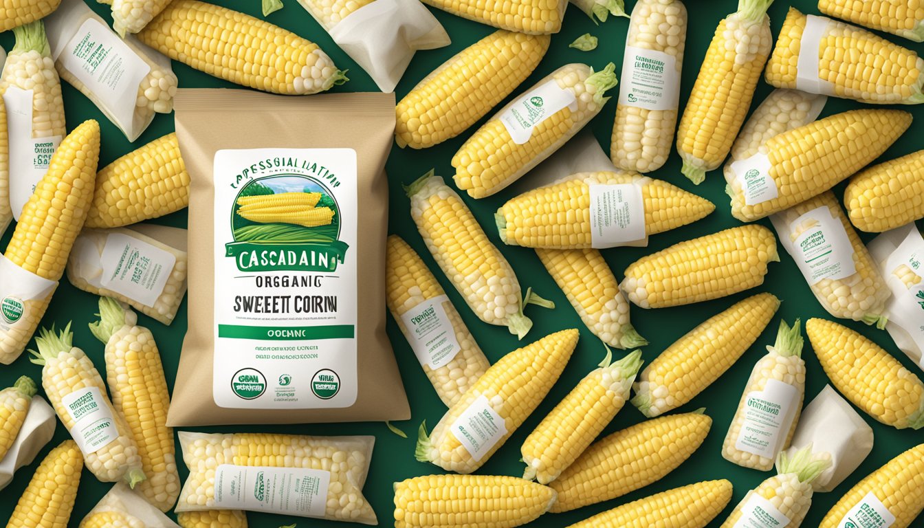 A freezer filled with bags of Cascadian Farm organic frozen sweet corn, with a label indicating the expiration date