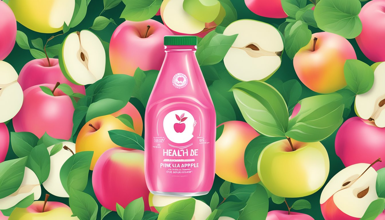 A bottle of Health-Ade Kombucha Pink Lady Apple surrounded by fresh pink lady apples and vibrant green apple leaves