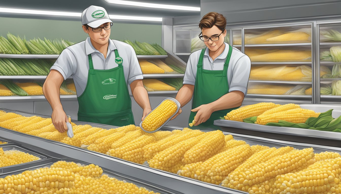 A bag of Cascadian Farm organic frozen sweet corn being selected from the freezer section of a grocery store