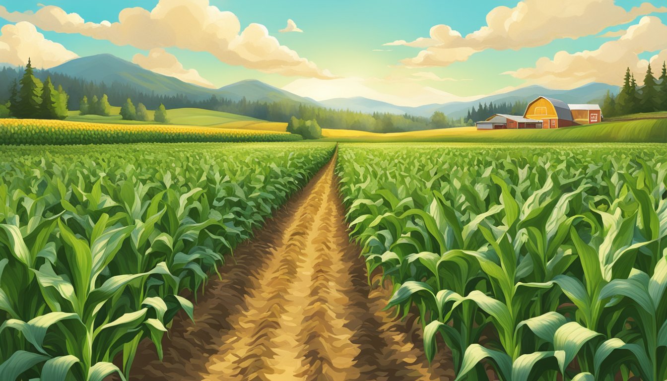 A lush field of organic sweet corn with the Cascadian Farm logo on a bright, sunny day