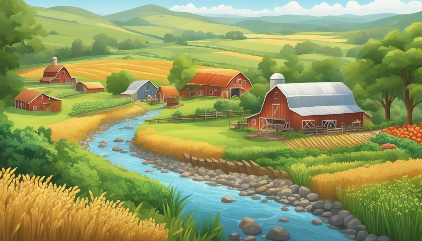 A lush, organic farm with rolling fields of grains and vibrant produce. A clear, pristine stream winds through the landscape, surrounded by diverse wildlife