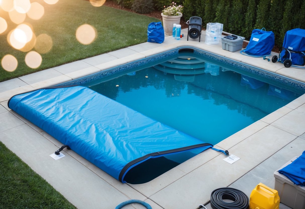 A pool cover being carefully placed over a clean and drained pool, surrounded by neatly stored pool equipment and winterizing supplies