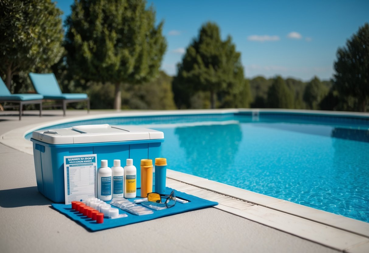 A pool surrounded by trees and a clear blue sky, with a water testing kit and various chemicals arranged neatly on the pool deck