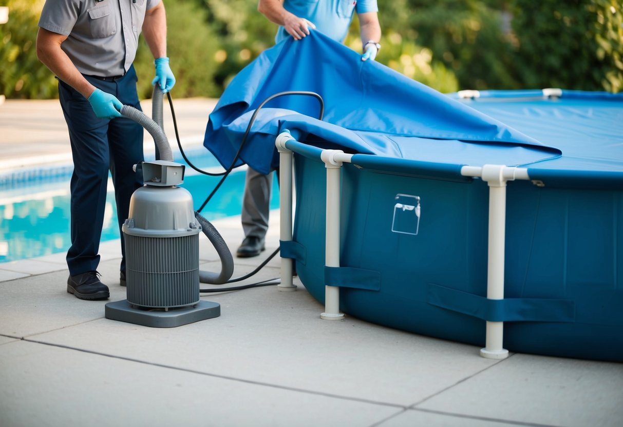 A pool cover being removed, pool equipment being checked, and the structure being inspected for any damage or wear and tear