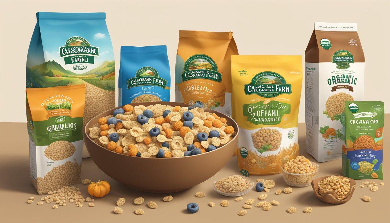 A bowl of Cascadian Farm Organic Purely O's cereal surrounded by various purchasing options such as online websites, grocery store shelves, and farmer's market stalls