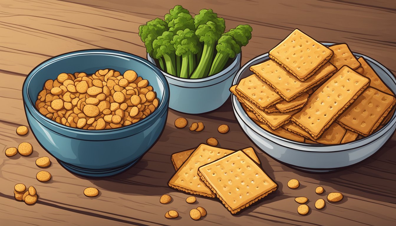 A bowl of whole grain wheat crackers sits on a wooden table next to a pile of fresh vegetables