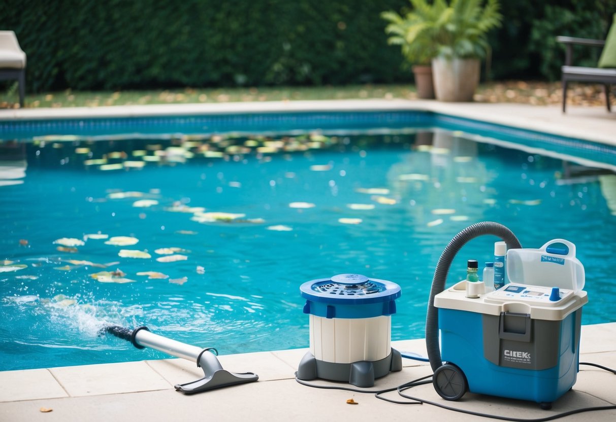 Clear blue pool water with floating leaves and debris. Pool skimmer and vacuum nearby. Pool testing kit and maintenance tools on a nearby table