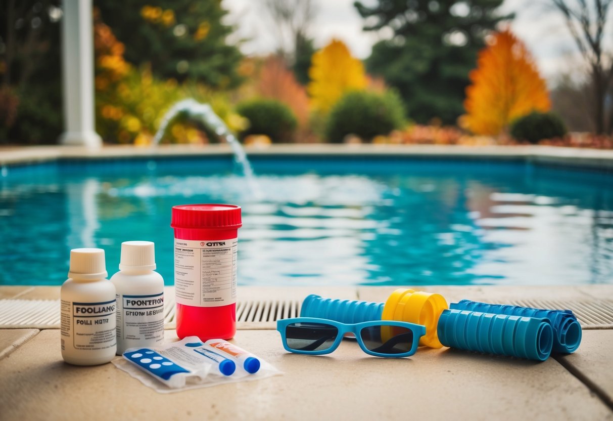 A pool with changing foliage and weather, test kits and chemicals nearby