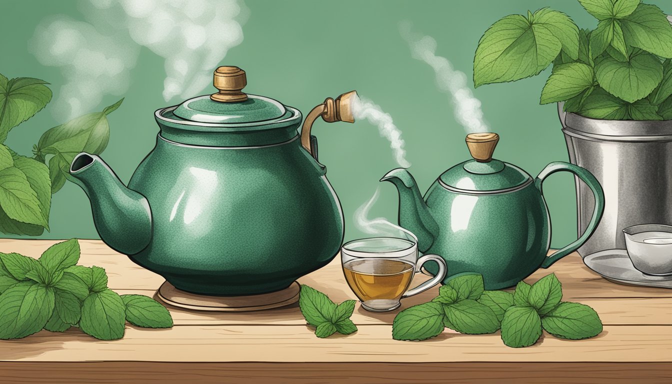 A steaming cup of Traditional Medicinals organic peppermint herbal tea sits on a wooden table, surrounded by fresh peppermint leaves and a vintage tea kettle