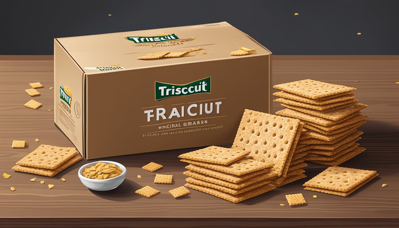 A box of Triscuit original whole grain wheat crackers sits on a rustic wooden table with scattered crumbs and a few crackers stacked on a small plate