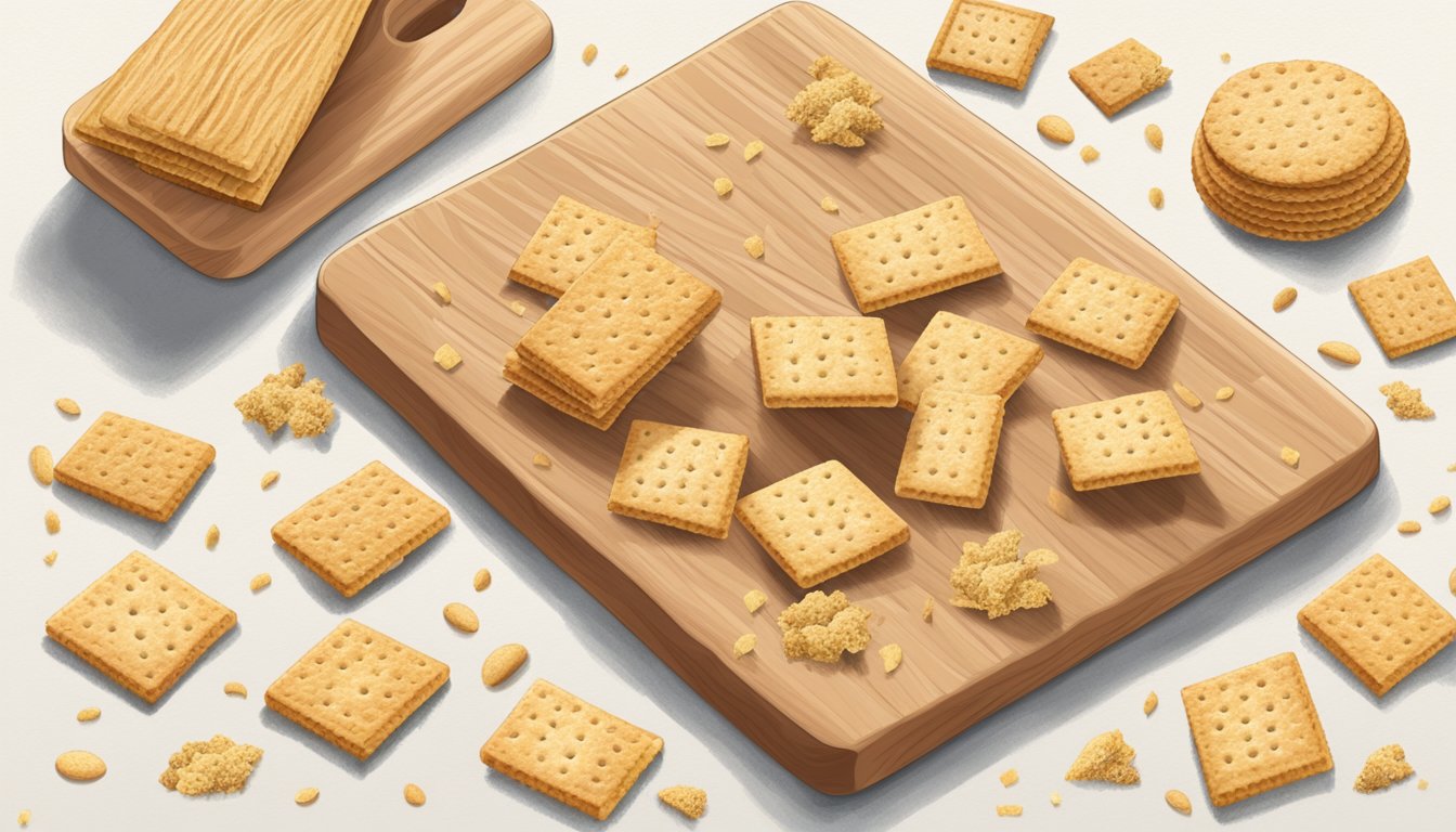 A hand reaches for a triscuit cracker on a wooden cutting board, surrounded by scattered crumbs and a few whole crackers