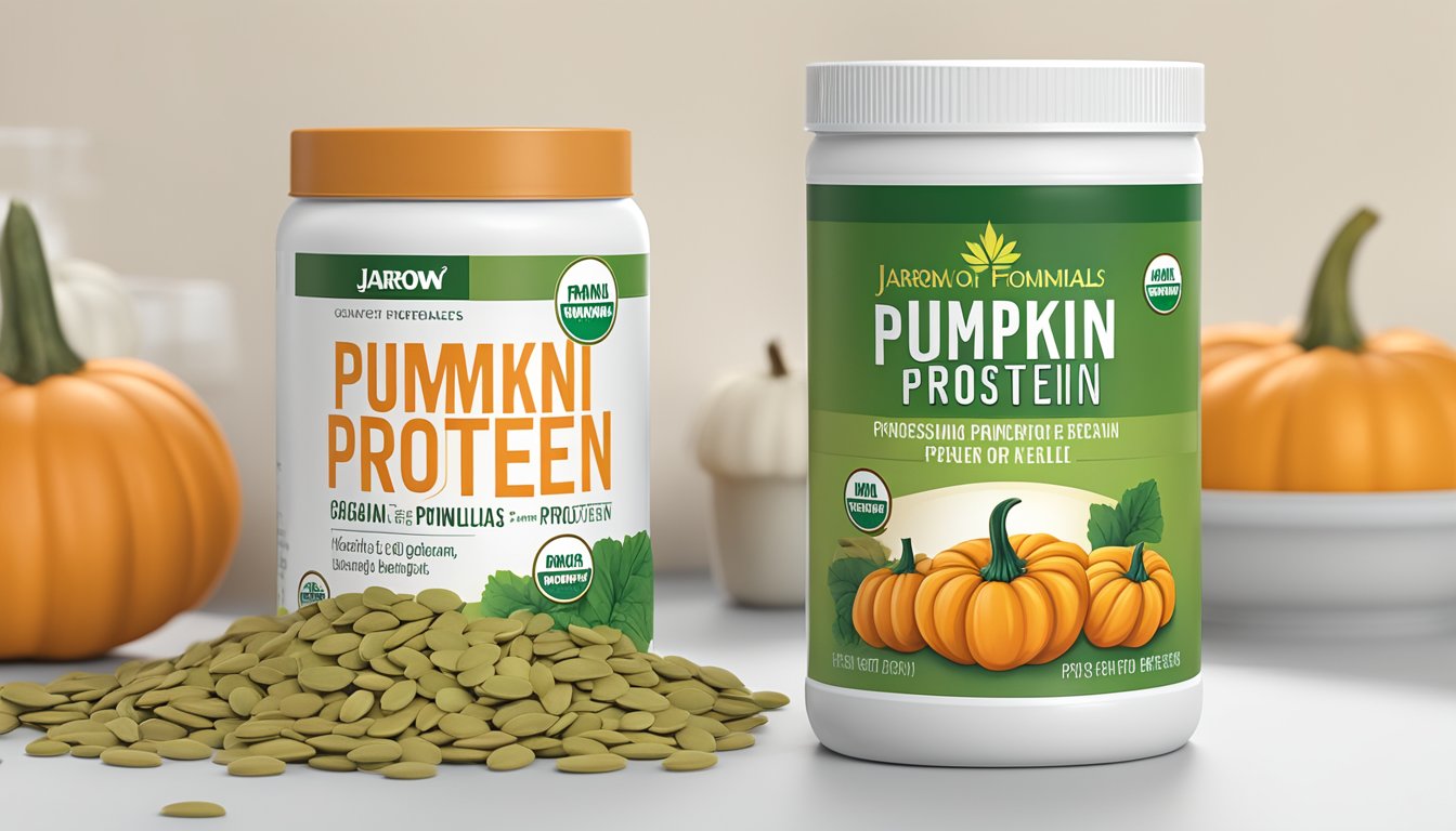 A close-up view of a jar of Jarrow Formulas organic pumpkin seed protein, with the label prominently displayed