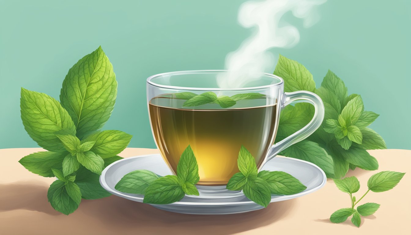 A steaming cup of traditional medicinals organic peppermint herbal tea surrounded by fresh peppermint leaves and a calming atmosphere