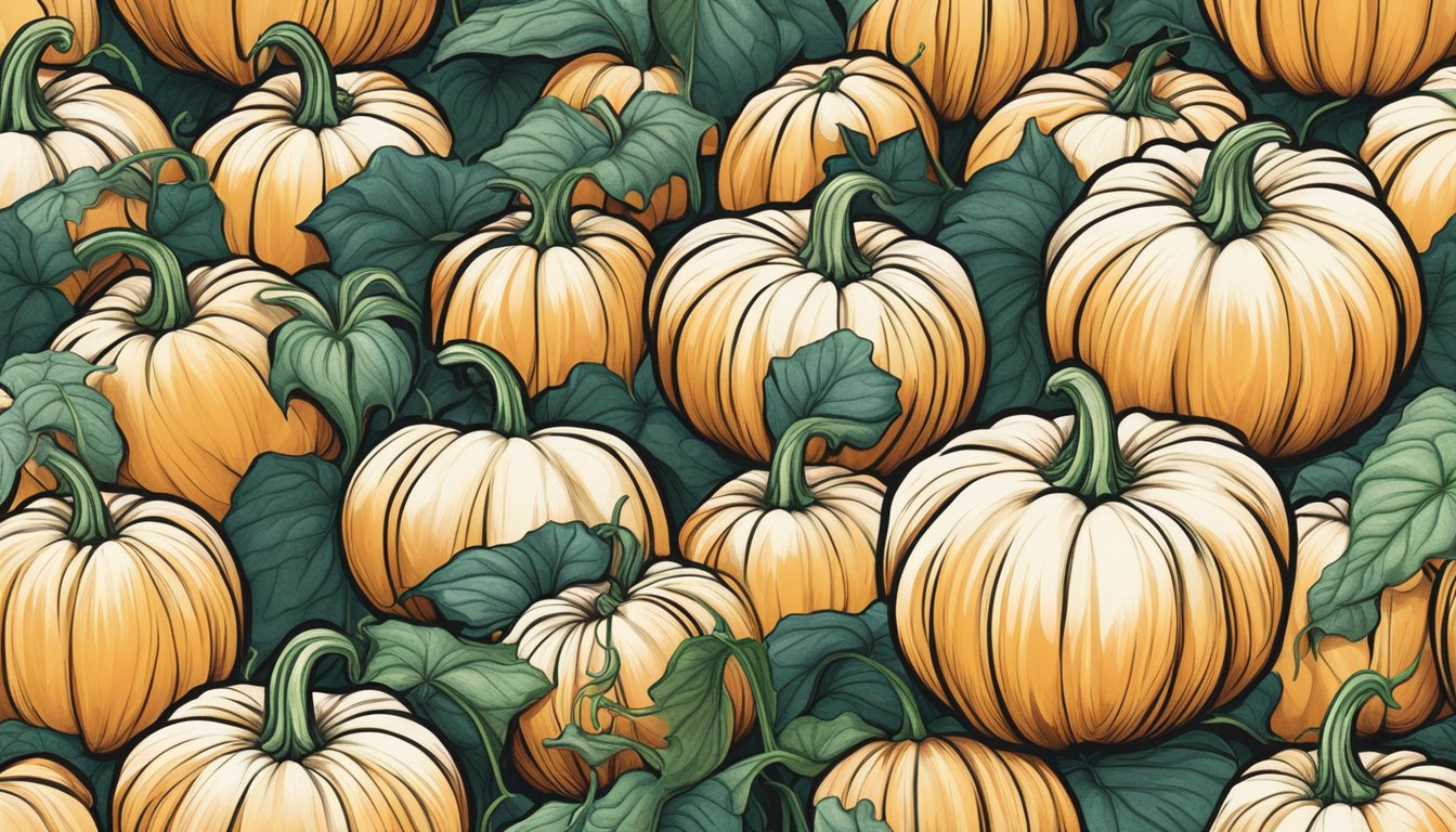 A vibrant field of organic pumpkin plants with ripe, plump seeds ready for harvesting