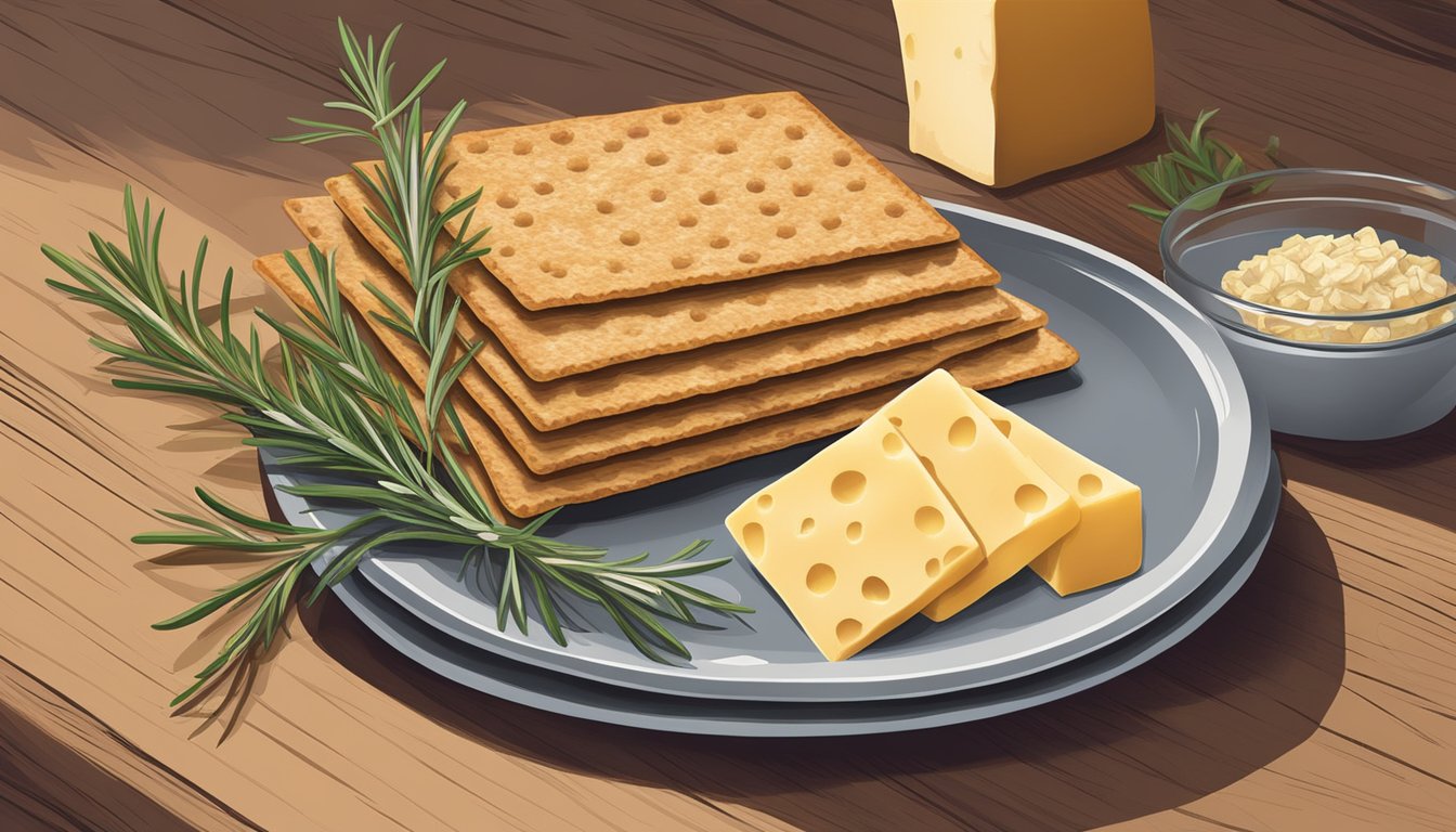 A rustic wooden table with a plate of Triscuit original whole grain wheat crackers, accompanied by a small bowl of cheese and a sprig of fresh rosemary