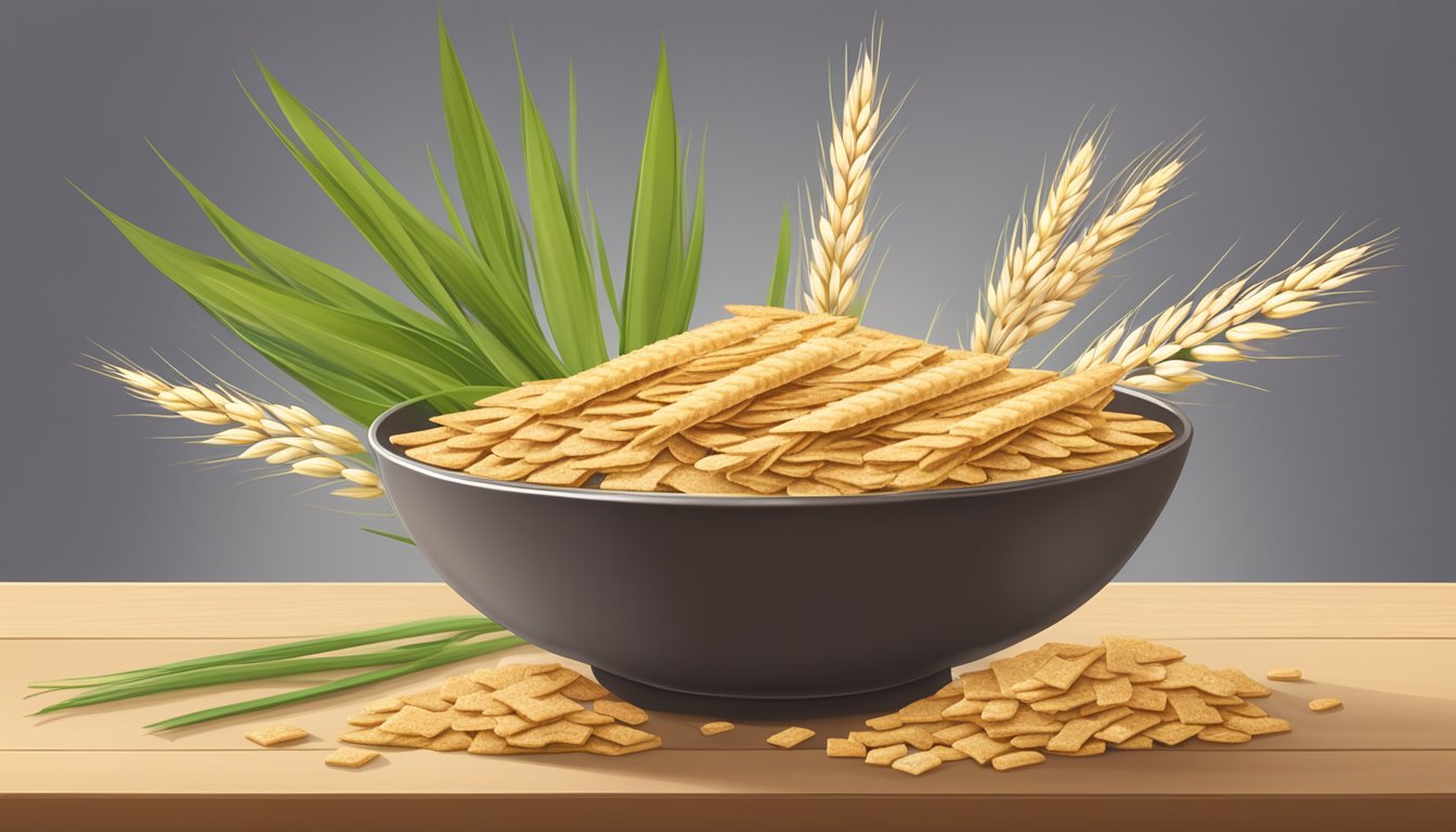 A bowl of Triscuit crackers surrounded by whole wheat grains and a sprig of wheat grass