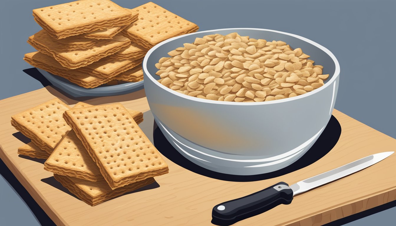 A bowl of Triscuit original whole grain wheat crackers on a wooden cutting board with a knife beside it