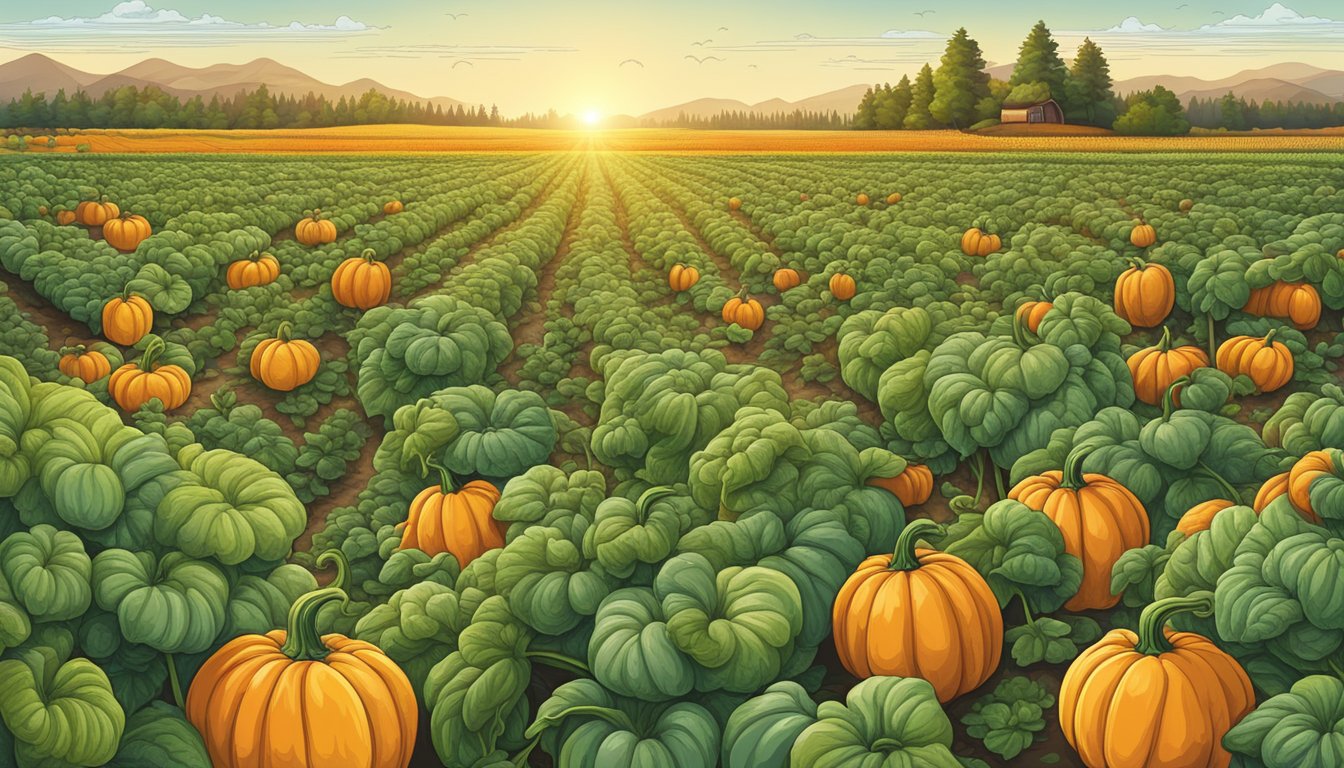 A vibrant field of organic pumpkin plants with ripe seeds, surrounded by certification logos