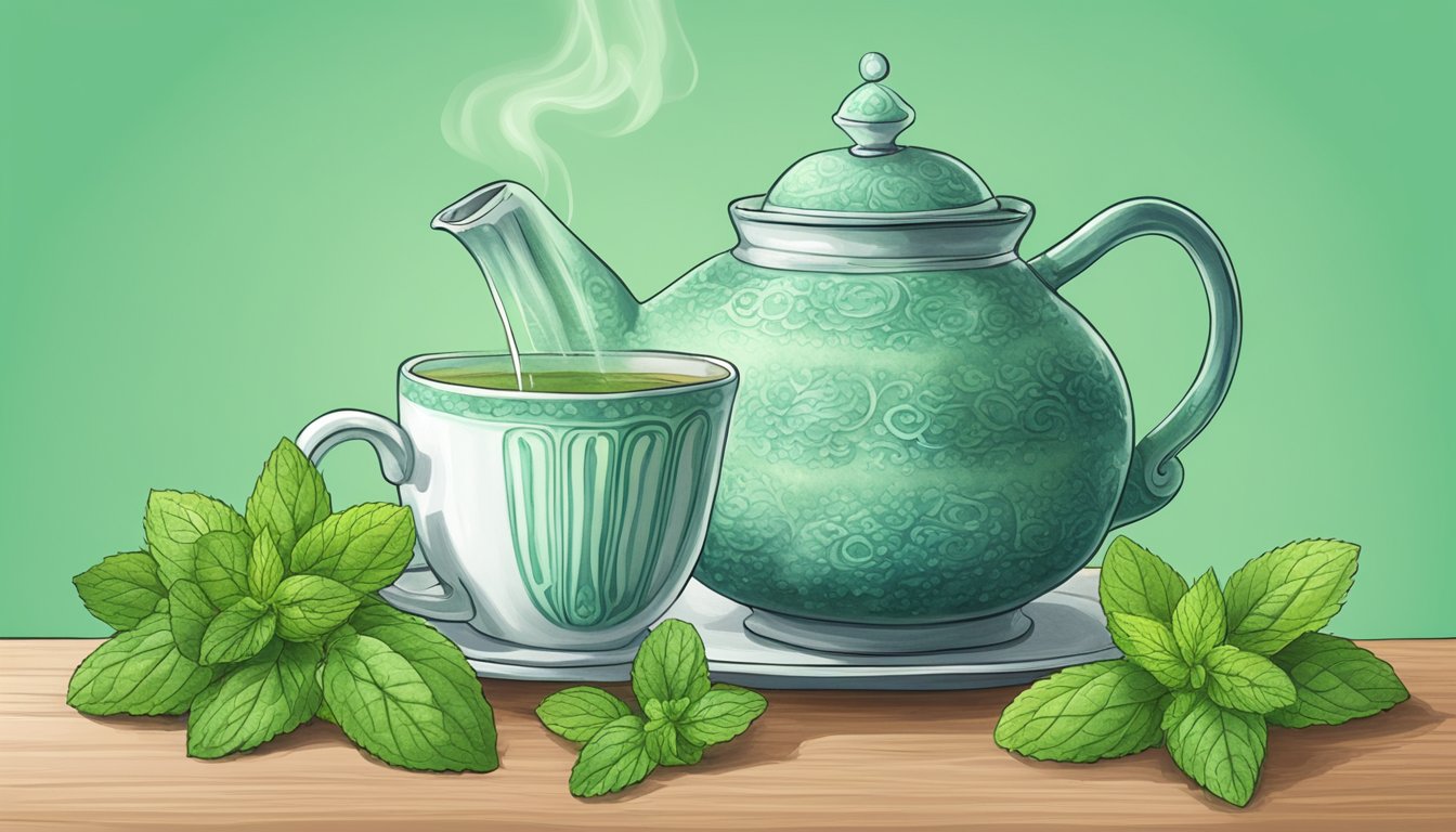 A steaming cup of traditional medicinals organic peppermint tea surrounded by fresh mint leaves and a cozy teapot