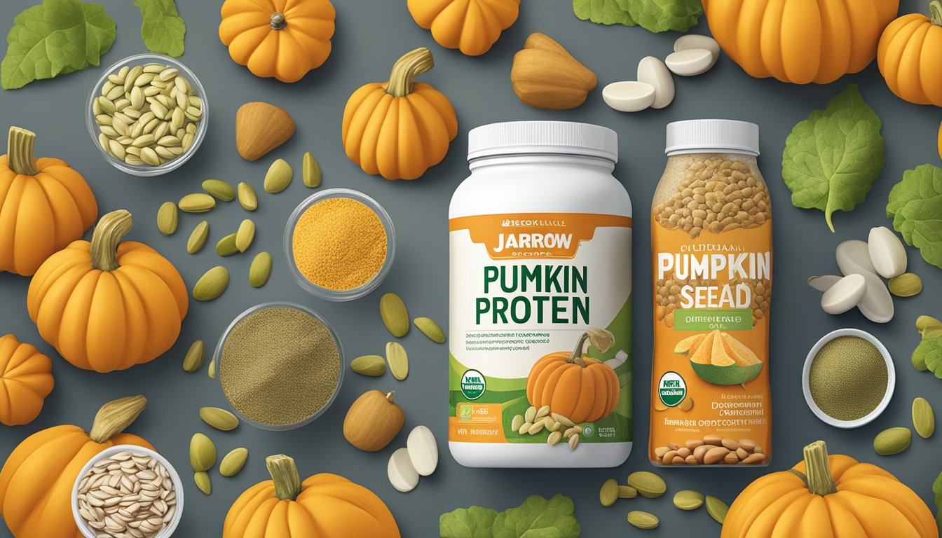 A jar of Jarrow Formulas organic pumpkin seed protein surrounded by various food items and beverages, indicating its versatility in usage