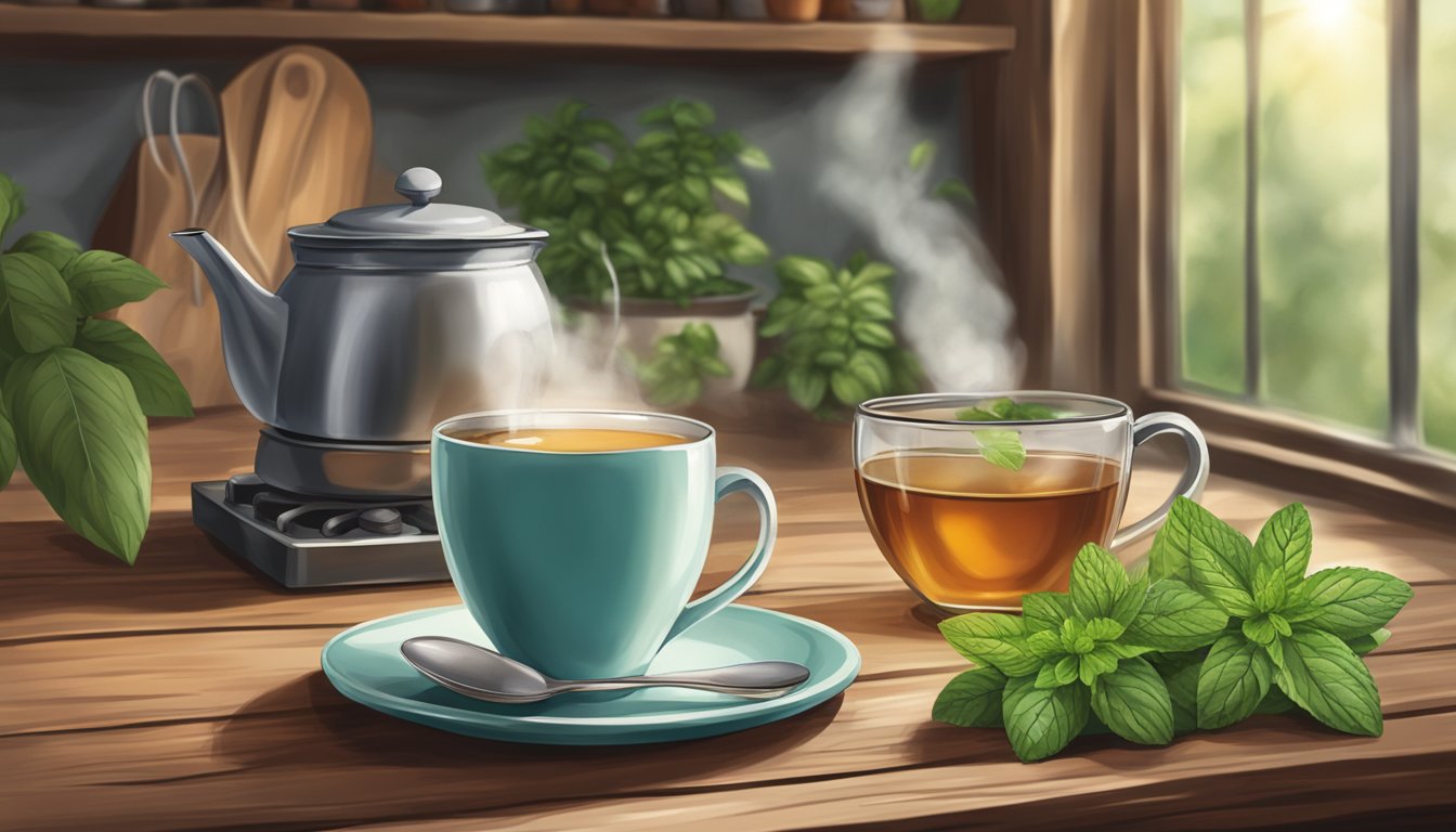 A cozy kitchen with a steaming cup of traditional medicinals organic peppermint herbal tea on a rustic wooden table, surrounded by greenery and natural light