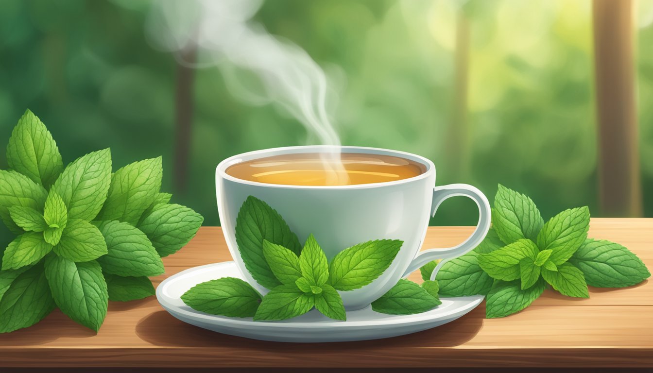 A steaming cup of traditional medicinals organic peppermint herbal tea sits on a wooden table, surrounded by fresh mint leaves and a warm, inviting atmosphere