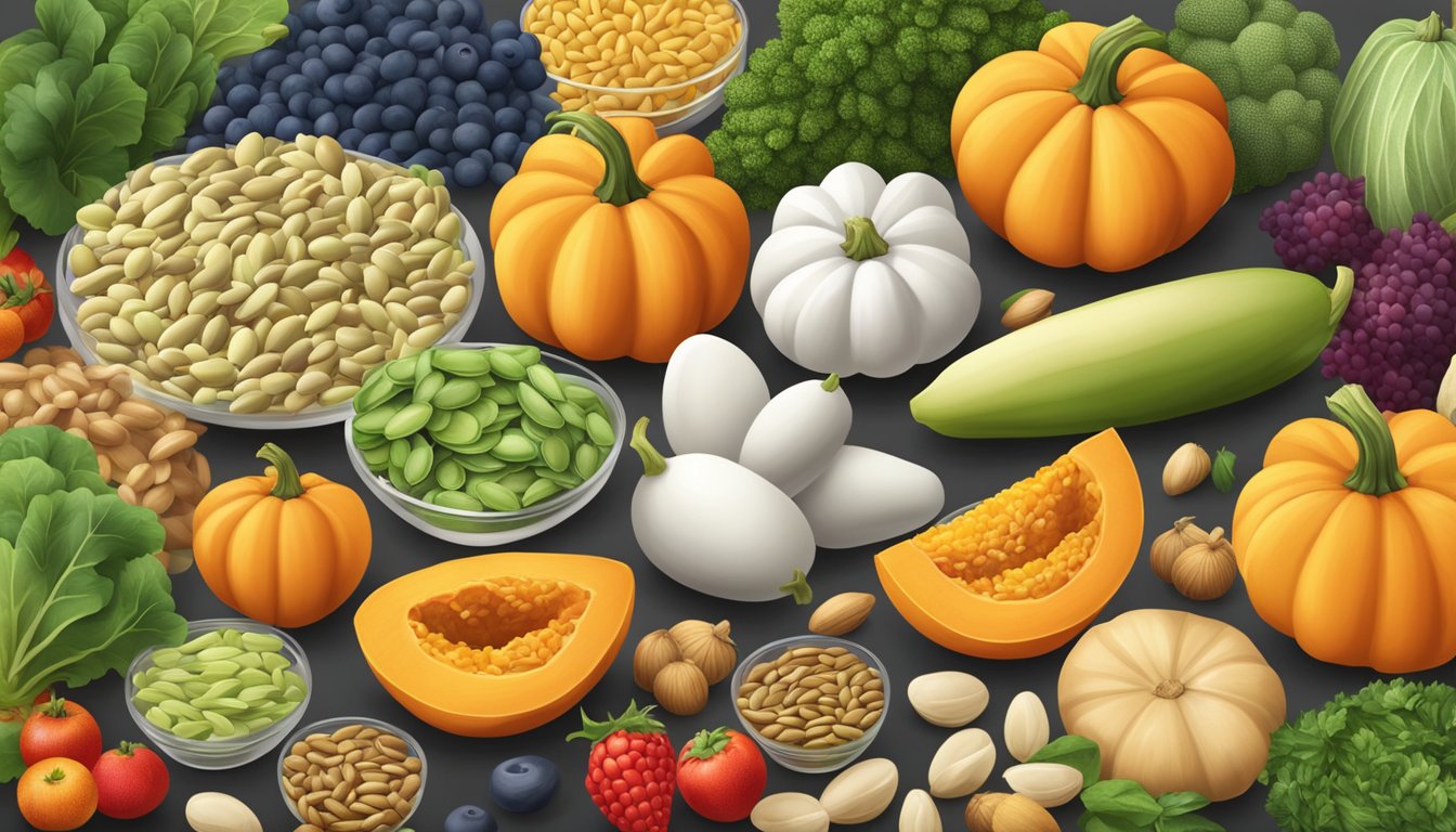 A variety of protein sources, including pumpkin seeds, surrounded by colorful fruits and vegetables