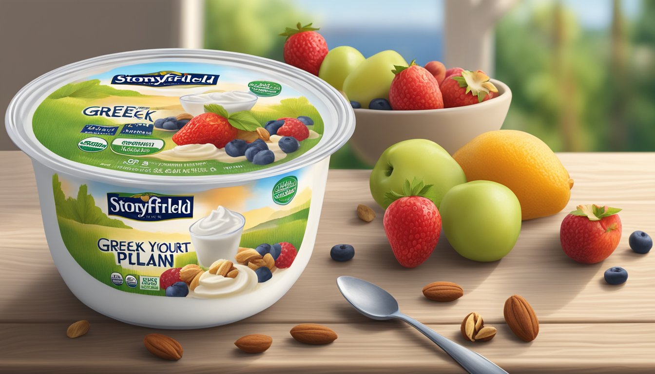 A bowl of Stonyfield Organic Greek Plain Nonfat Yogurt surrounded by fresh fruits and nuts on a wooden table