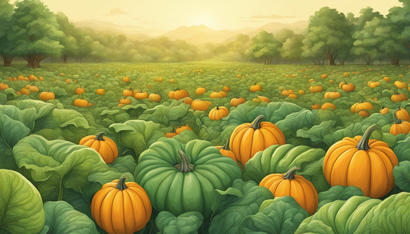 A vibrant field of organic pumpkin plants, surrounded by lush greenery and diverse wildlife, highlighting sustainability and environmental impact