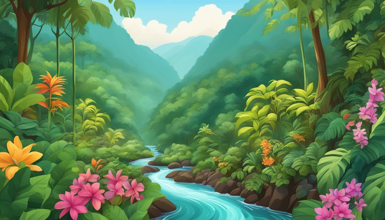 A lush rainforest with cacao trees, vibrant flowers, and a clear stream flowing through the landscape