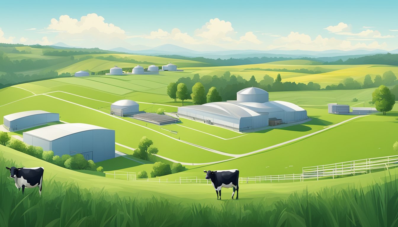 A lush green field with grazing cows, a clean and modern dairy facility, and a clear blue sky overhead