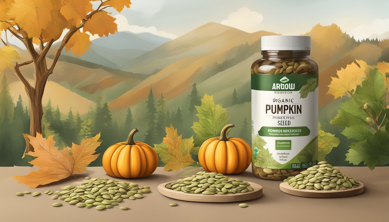 A rustic, earthy scene with a pile of organic pumpkin seeds and a jarrow formulas protein container, surrounded by natural elements