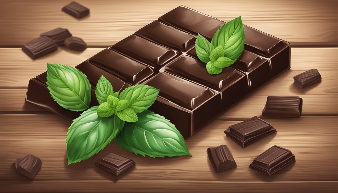 A dark chocolate bar surrounded by cacao beans and a sprig of mint on a rustic wooden surface