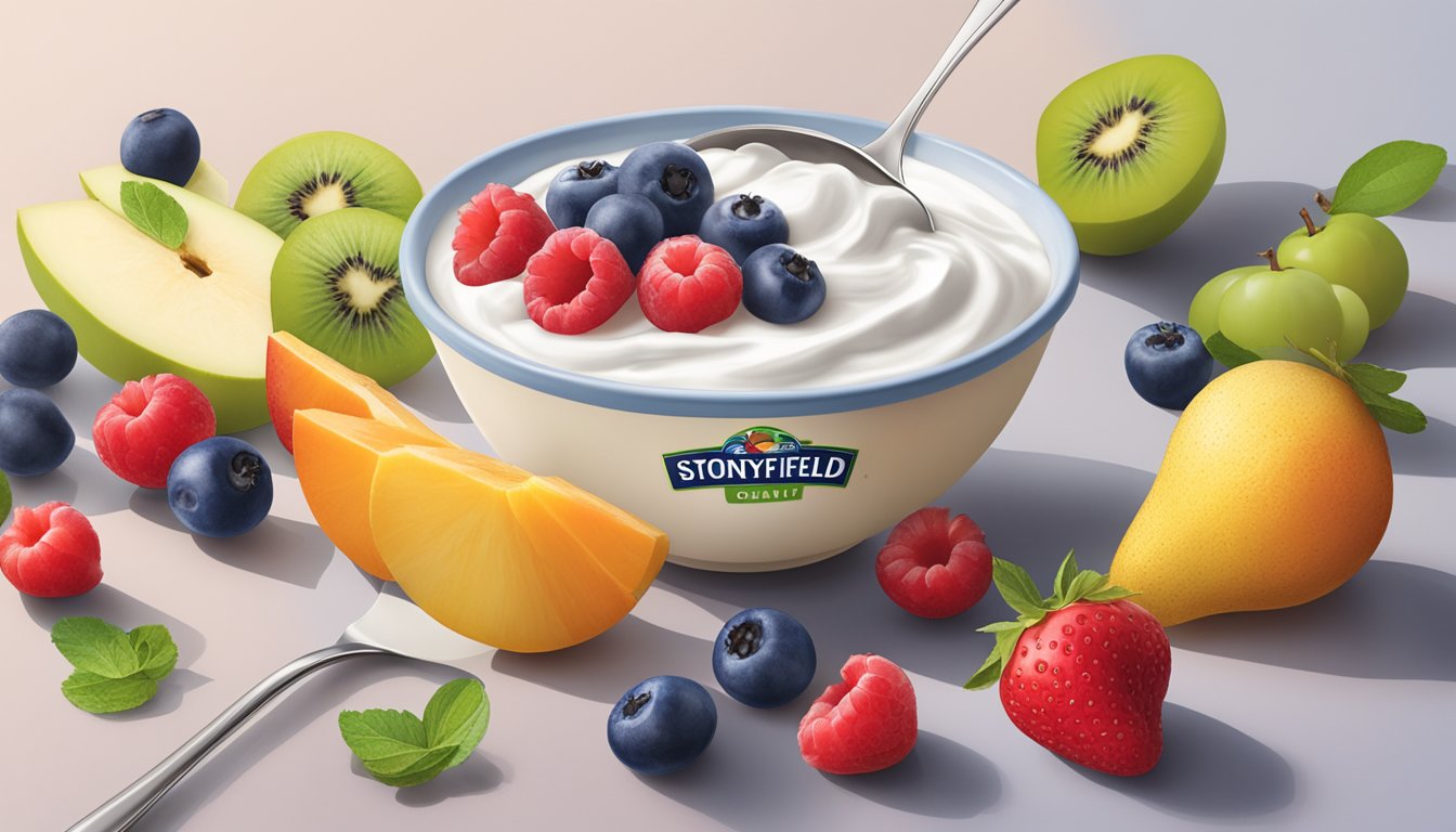 A bowl of Stonyfield organic Greek plain nonfat yogurt with a spoon and various fruits scattered around it