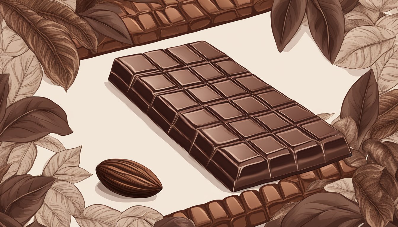 A dark chocolate bar surrounded by cacao beans and a cocoa plant