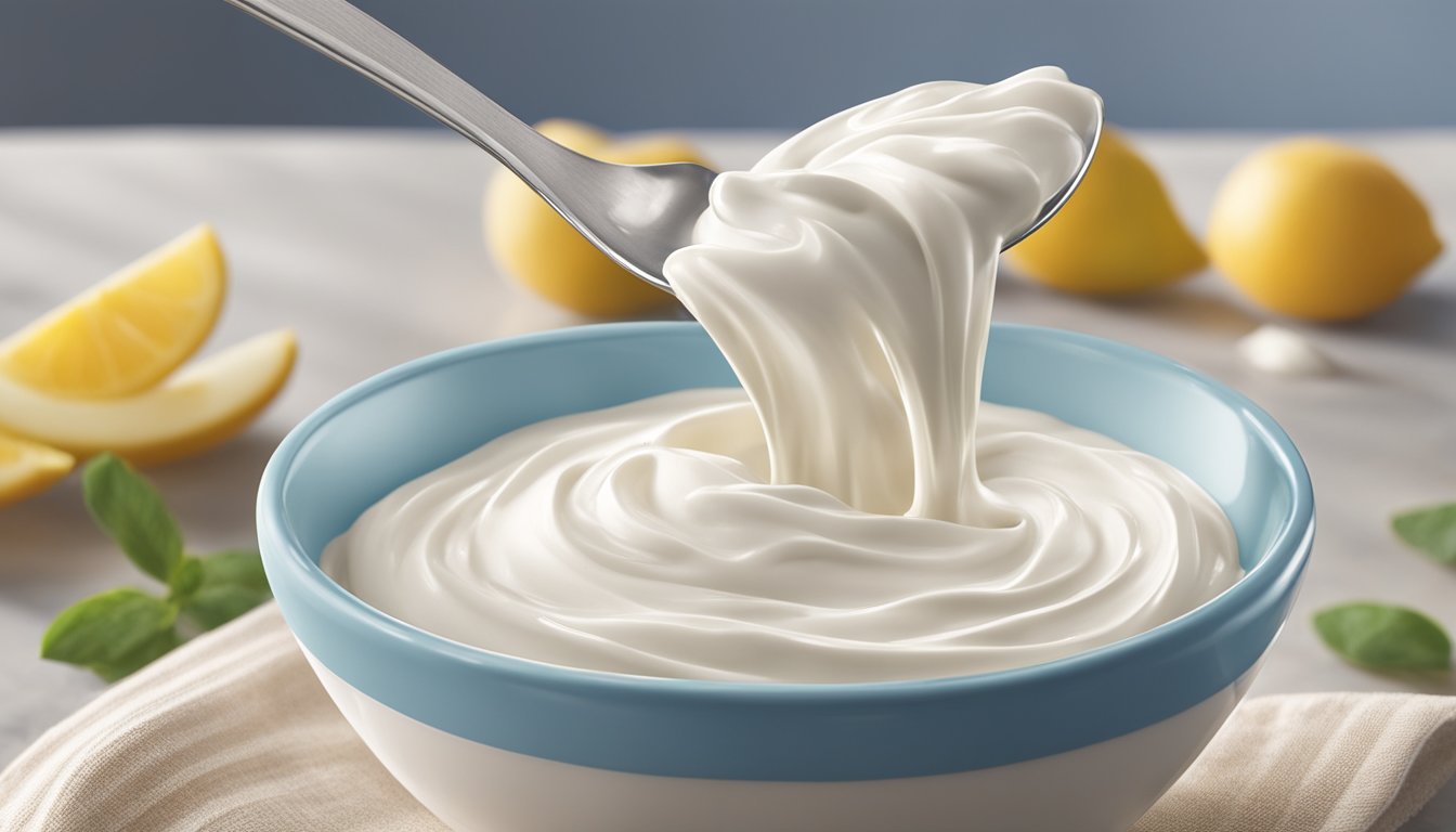 A spoonful of stonyfield organic greek plain nonfat yogurt being swirled in a ceramic bowl, with a creamy texture and a tangy taste