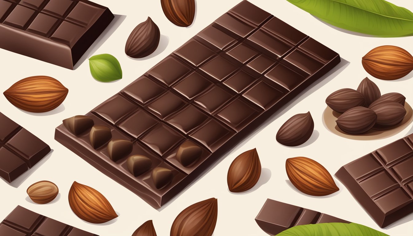 A dark chocolate bar surrounded by cacao pods, nuts, and fruits