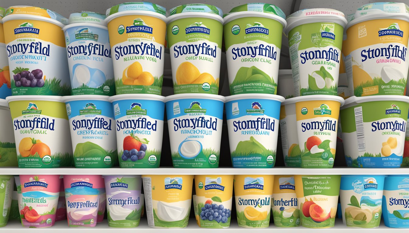 A display of various stonyfield organic greek plain nonfat yogurt in different packaging, arranged neatly on a shelf