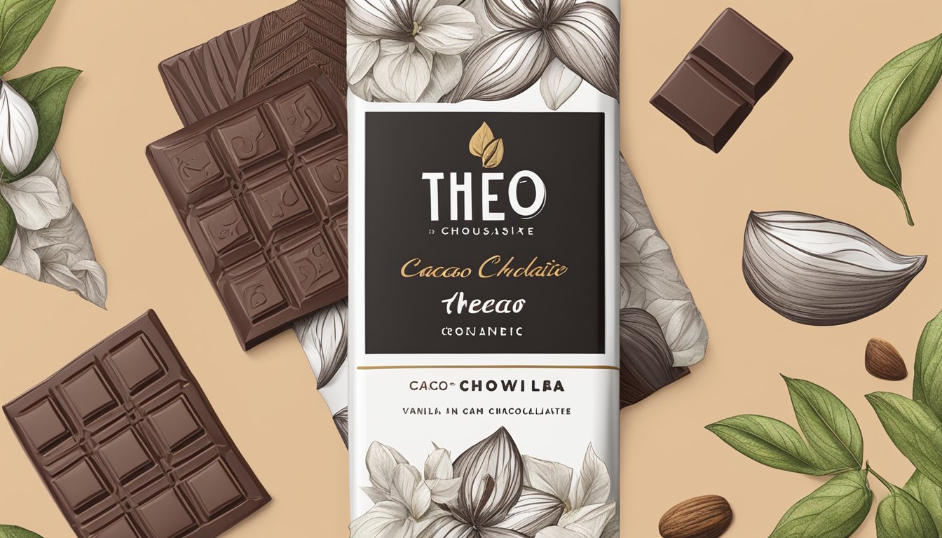 A dark chocolate bar surrounded by organic ingredients like cacao beans, sugar, and vanilla, with a "theo chocolate" logo on the wrapper