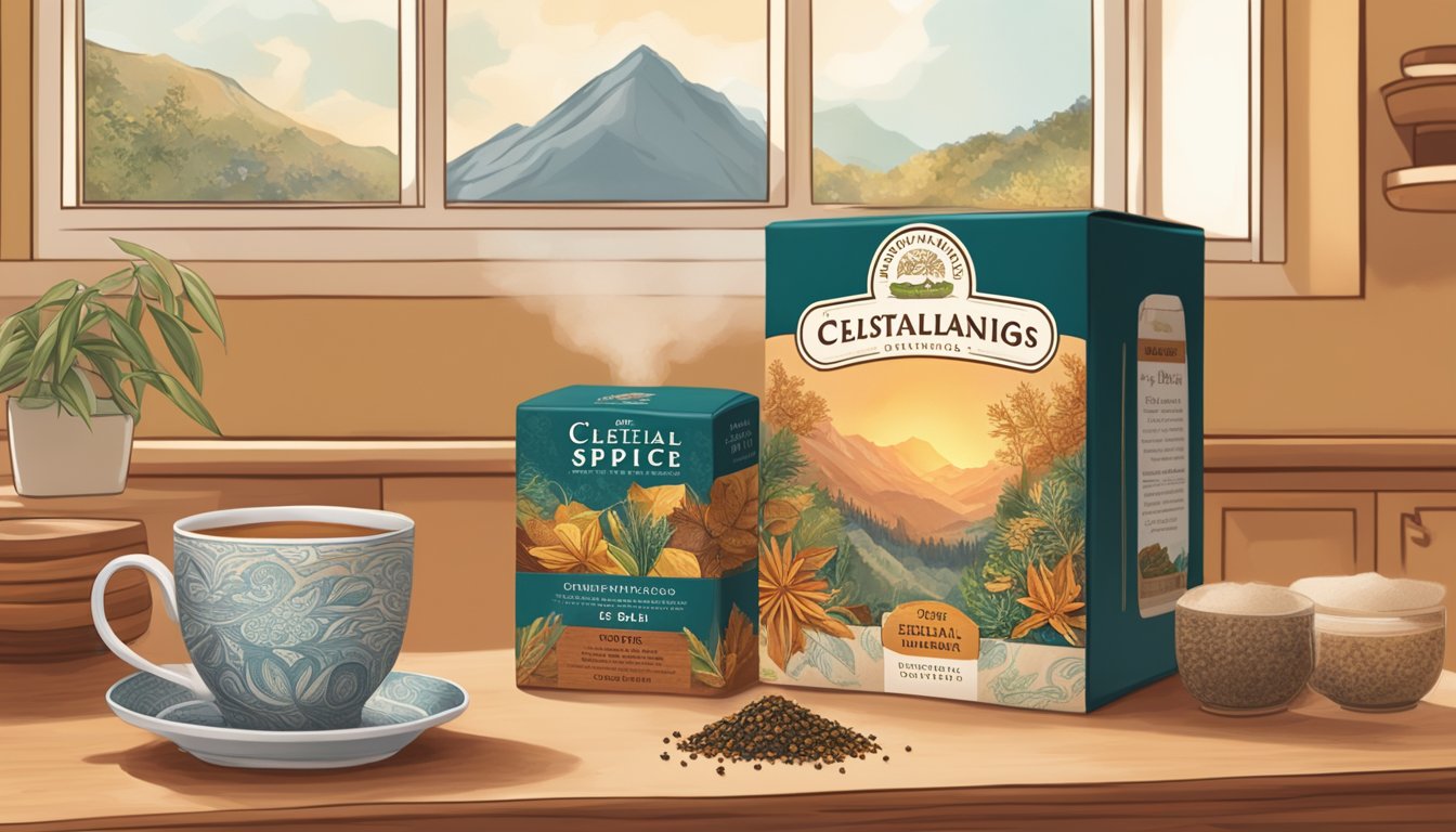 A cozy kitchen with a steaming mug of Celestial Seasonings Bengal Spice herbal tea next to a box of the tea, surrounded by warm, earthy colors and natural elements