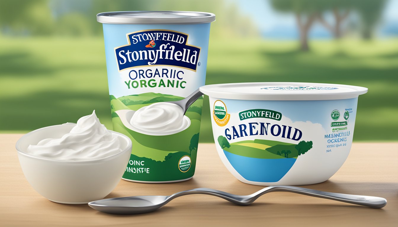 A bowl of Stonyfield organic Greek plain nonfat yogurt with a spoon and a measuring cup next to it