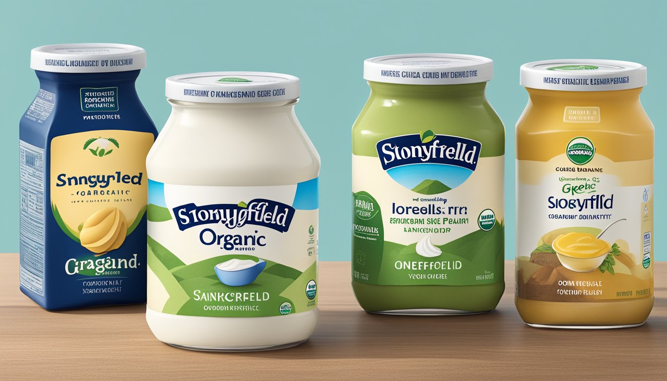 A table with three containers of yogurt: one labeled "Stonyfield Organic Greek Plain Nonfat," and two other brands for comparison