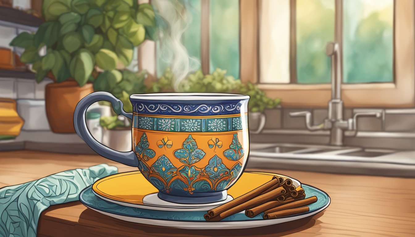 A steaming cup of celestial seasonings bengal spice herbal tea brewing in a vibrant, patterned mug on a cozy kitchen counter