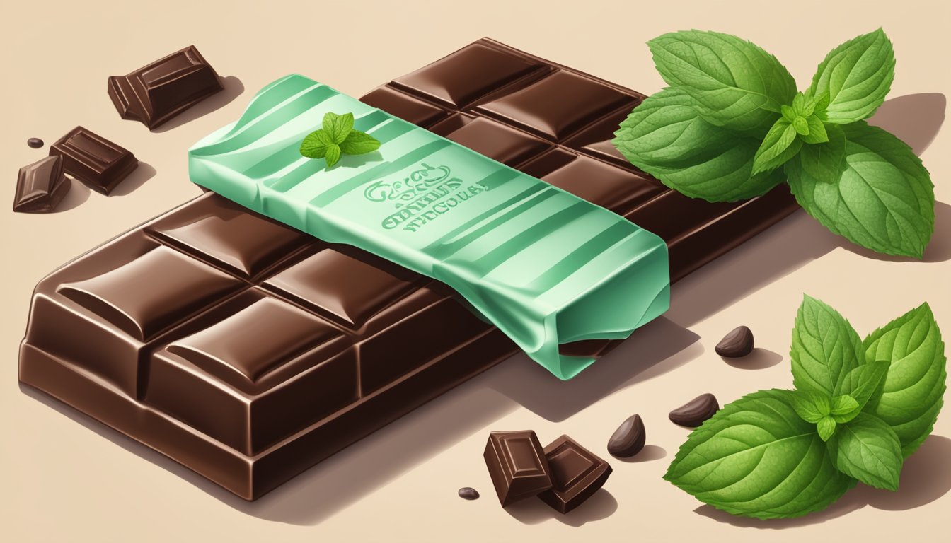 A dark chocolate bar sits on a wooden table, surrounded by scattered cocoa beans and a sprig of fresh mint