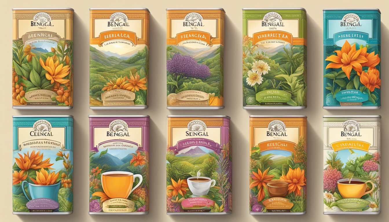 A colorful array of celestial seasonings bengal spice herbal tea boxes in various sizes and designs, surrounded by vibrant botanical illustrations